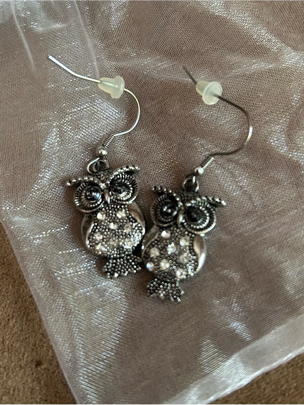 VINTAGE Silver Owl Drop Earrings - Sparkling Owl Dangle Earrings